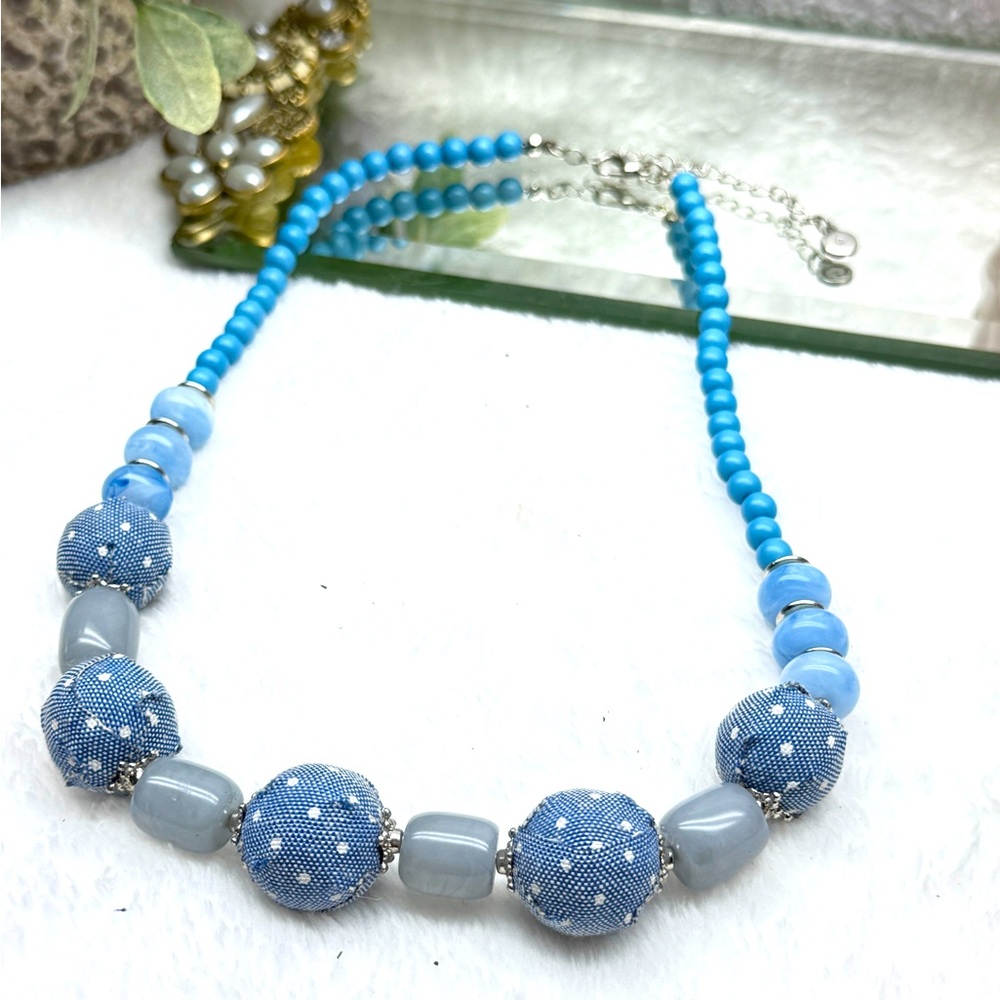 1946 Vintage Blue Fabric Beaded Necklace